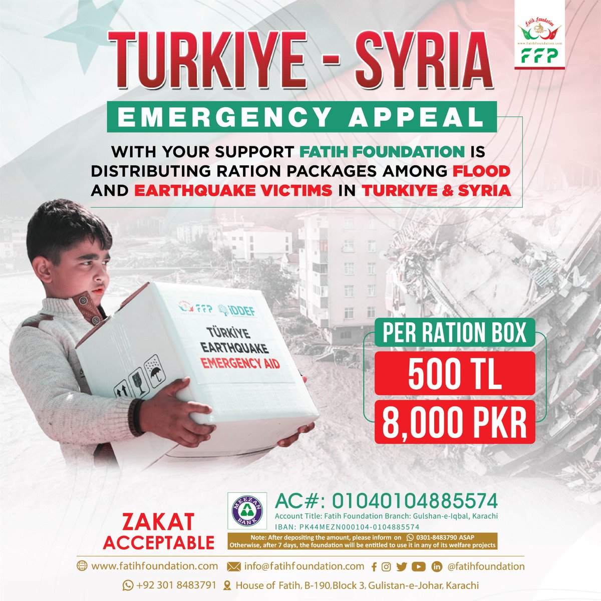 🤝Join us in making a difference! 
With your support, Fatih Foundation is distributing essential ration packages to those affected by the recent earthquake.
#FatihFoundation #EarthquakeRelief #TogetherWeCan #turkiye #Syria