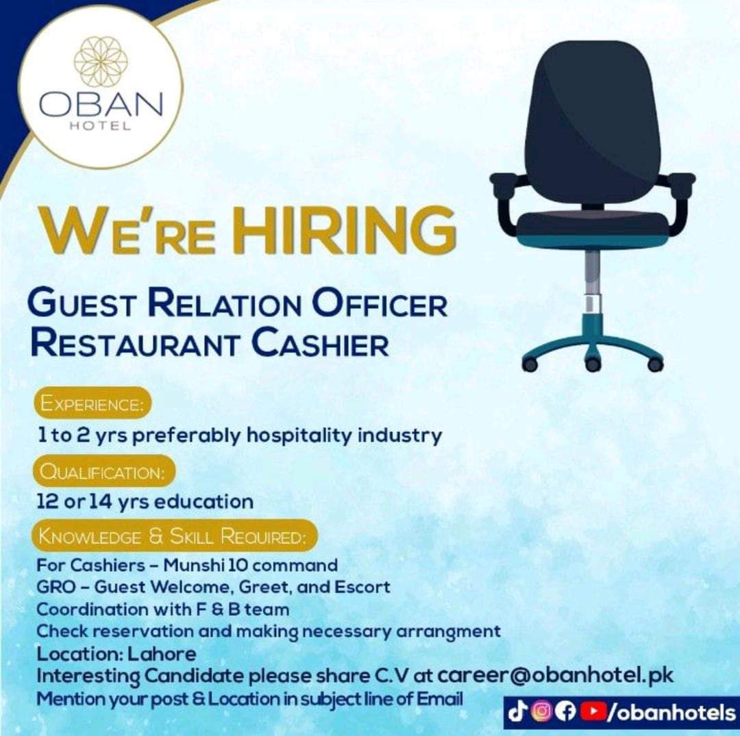 PunjabjobCenter's tweet photo. Oban Hotel is hiring 
City: Lahore
To View all jobs visit our  website https://t.co/N4hmL46V1a
 #pjc #punjabisuits #Job4What #jobshiring #jobsearching #jobstopper #jobposting #JobOftheDay #jobdone #jobsid #jobwelldone  #lahore https://t.co/EDOnJ7ySNh