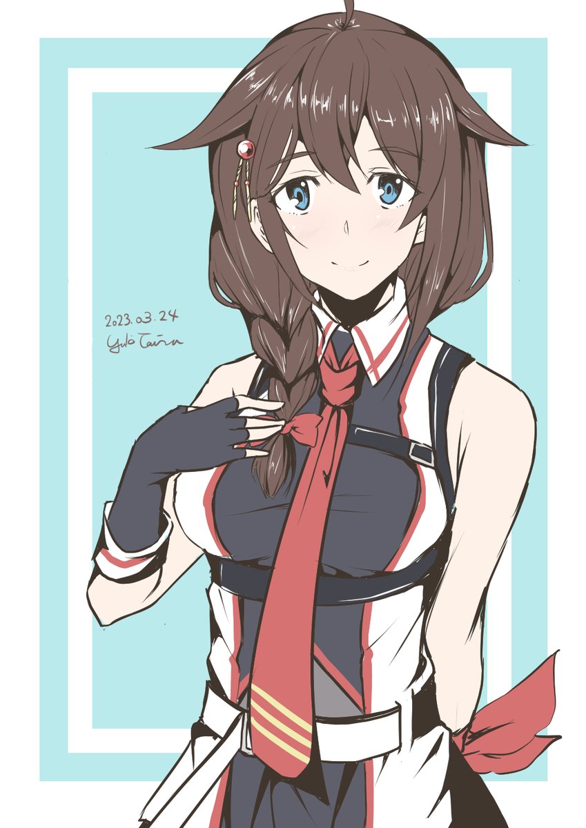 shigure (kancolle) ,shigure kai ni (kancolle) 1girl solo hair flaps braid blue eyes necktie hair over shoulder  illustration images