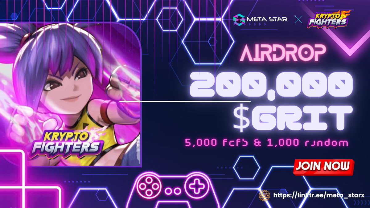 📣📣 Big &amp; Massive #fcfs #Airdrop🔥🔥

🥳🥳 BiG Prize Pool:
200,000 $GRIT PRICE POOL 😍😍

To Win🏆
✅ Follow <a href="/META_STARx/">META STAR</a> &amp; <a href="/KryptoFighters/">KryptoFighters</a>
✅ Like &amp; RT &amp; Tag 3 friends
➡️ Finish Gleam: gleam.io/competitions/e…

⏰End 28th Mar

#Airdrop #FCFS #Giveaway #cryptocurrency #Crypto #IDO