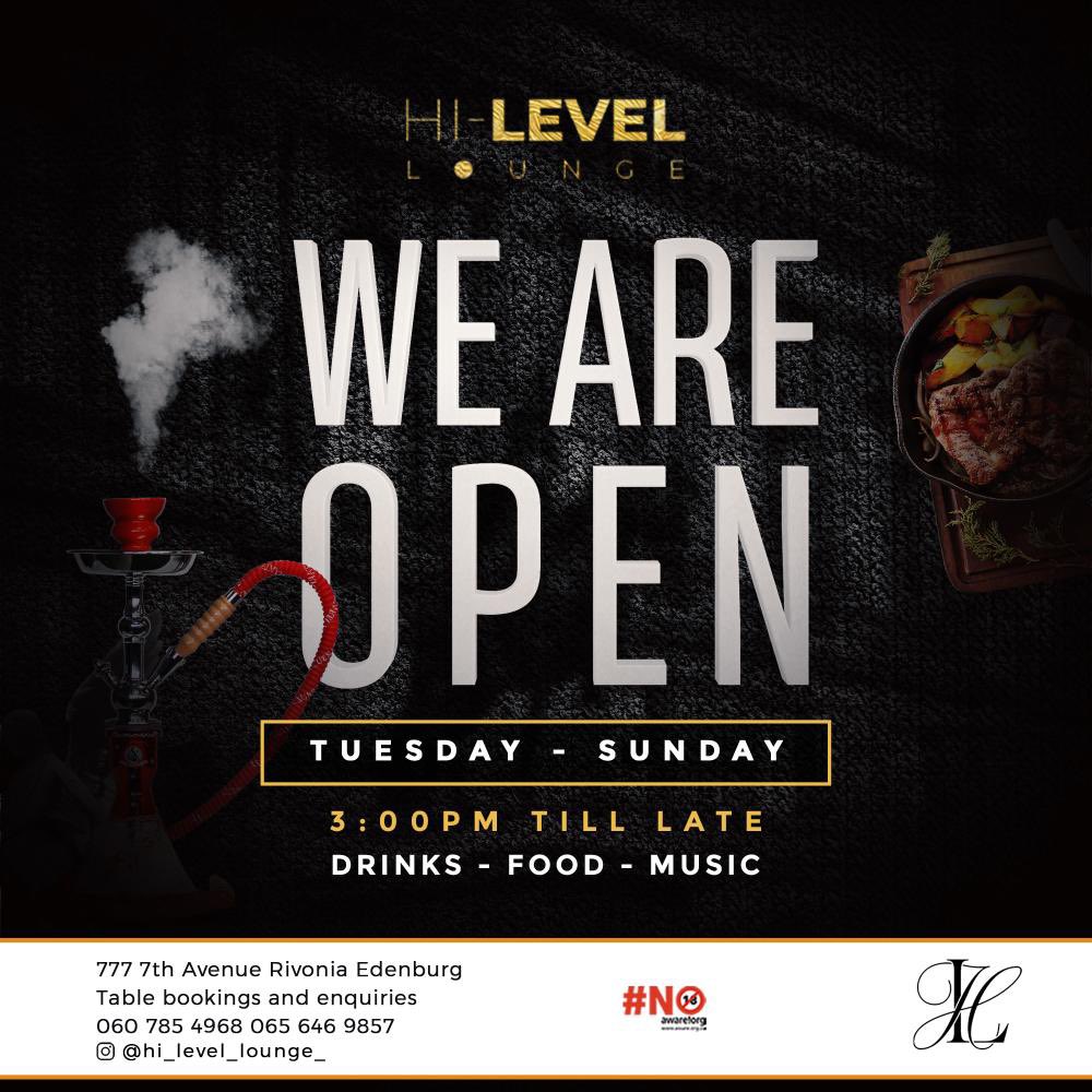 We are happy to give you the service experience ever 

Visit us from Tuesday to Sunday 

14:00 PM - 2:00AM

777 7th Avenue Edenburg Rivonia Sandton

#hilevellounge #Mzansi #sandton #rivonia #Loadshedding