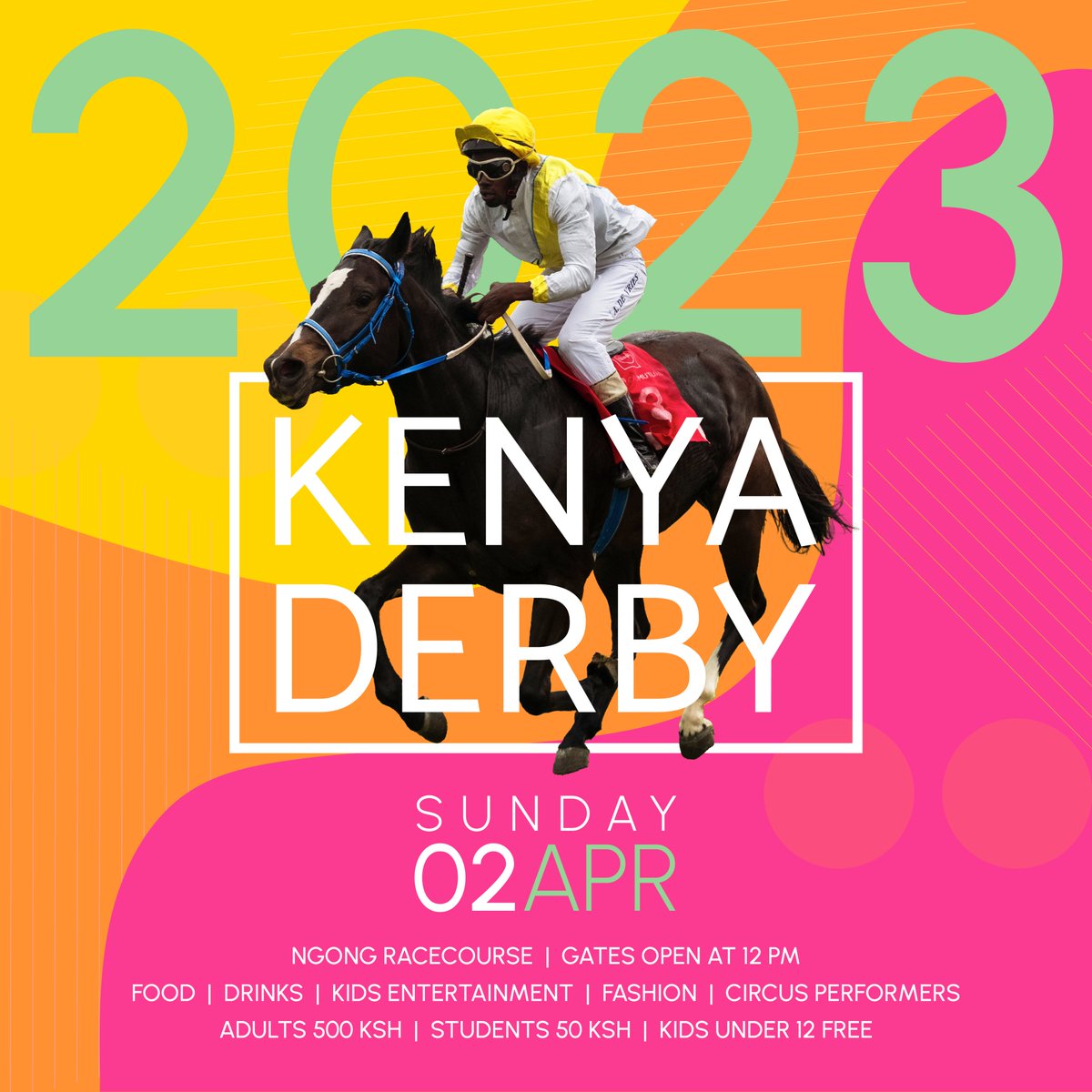 Get ready for the 2023 KENYA DERBY!

Sunday, 02 April at #NgongRacecourse

An afternoon of exciting #horseracing, food &amp; drink, #fashion, #music, and family friendly-entertainment.

#horseraces #nairobi #sportsbetting #horse #kenya #derby