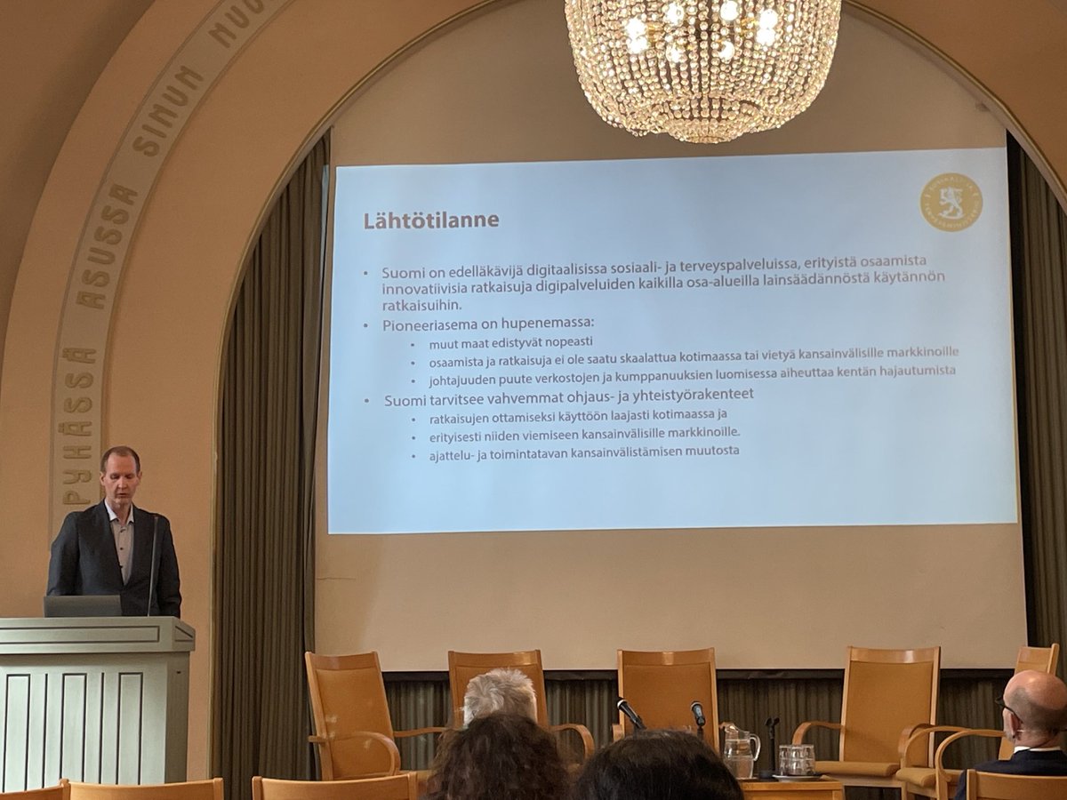 ”Suomi on edelläkävijä digitaalisissa #sote-palveluissa - pioneeriasema on hupenemassa” ⁦<a href="/STM_Uutiset/">Sosiaali- ja terveysministeriö</a>⁩ -seminaari Sote-alan TKI-toiminnasta.