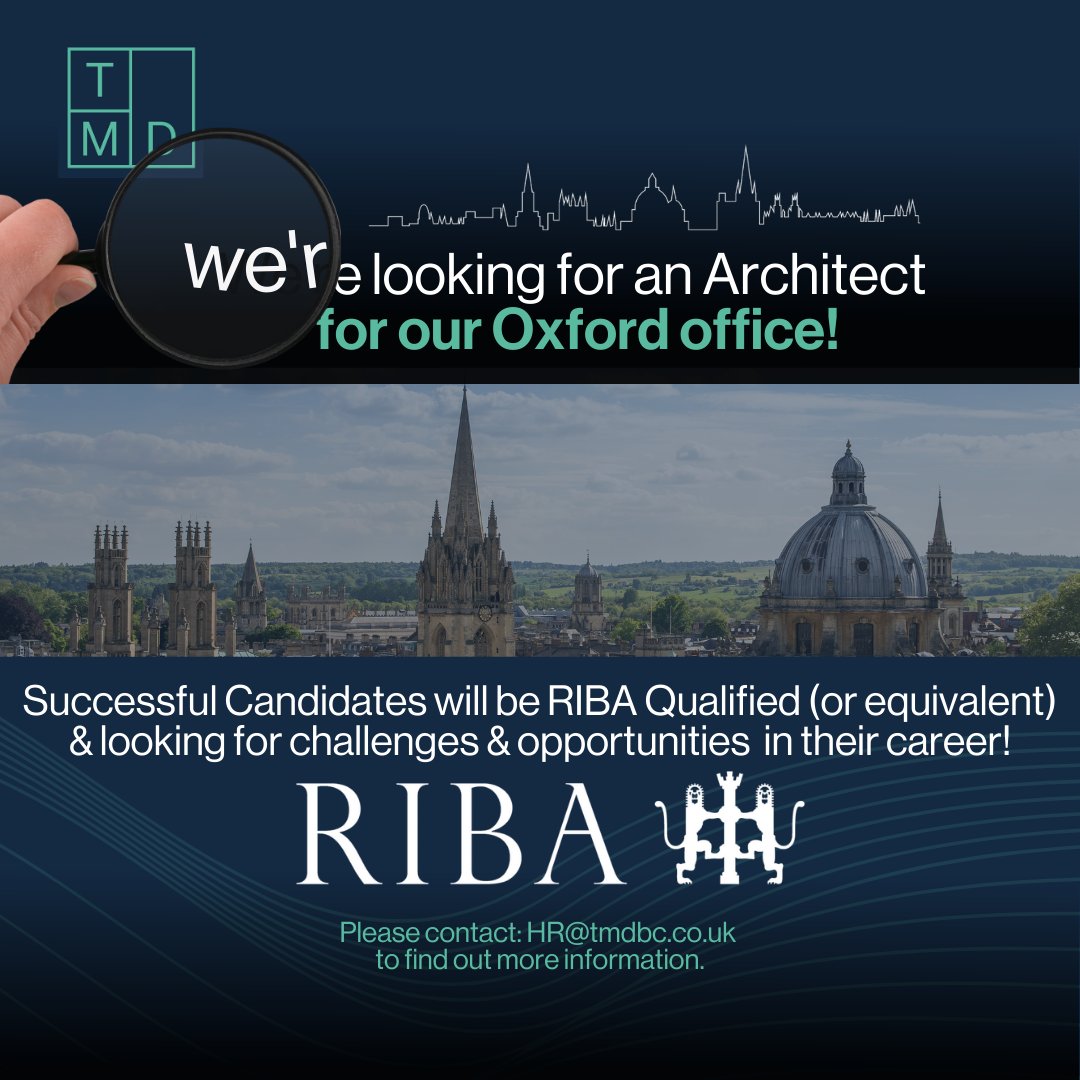 tmdSurveyors's tweet photo. We are looking to enhance our Oxford team with an experienced, dynamic, confident Architect or Architectural Technician. 

If you think this could be you, then please contact our HR team by email: HR@tmdbc.co.uk and find out more information about this exciting opportunity. https://t.co/GwkgYp6mwT