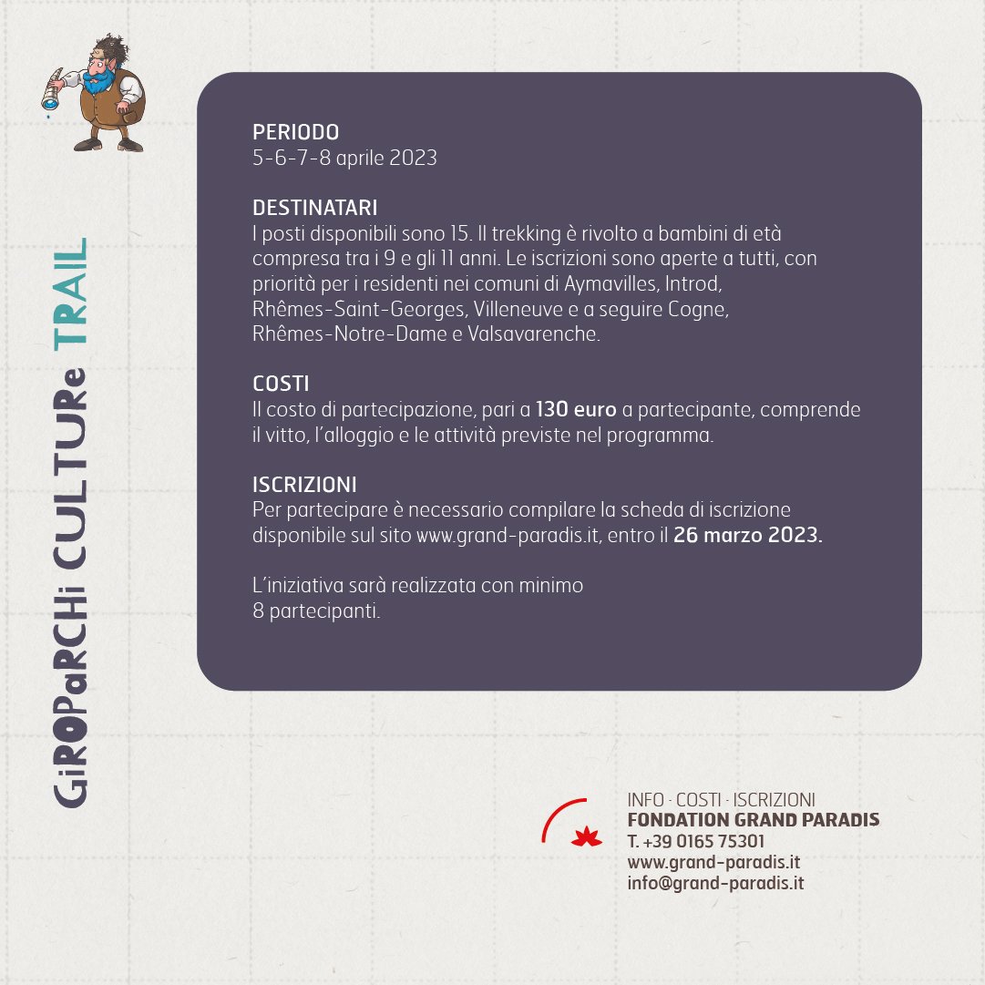 FGrandParadis's tweet photo. APERTE LE ISCRIZIONI PER GIROPARCHI CULTURE TRAIL

Il trekking in Inglese per #bambini 9-11 aa. si svolge quest'anno dal 5 all'8/04 percorrendo i sentieri di fondovalle del #GranParadiso da Rhêmes-St-Georges a Aymavilles, passando per Introd e Villeneuve.

https://t.co/9KY45h07Iy https://t.co/ncRl1ByWHP