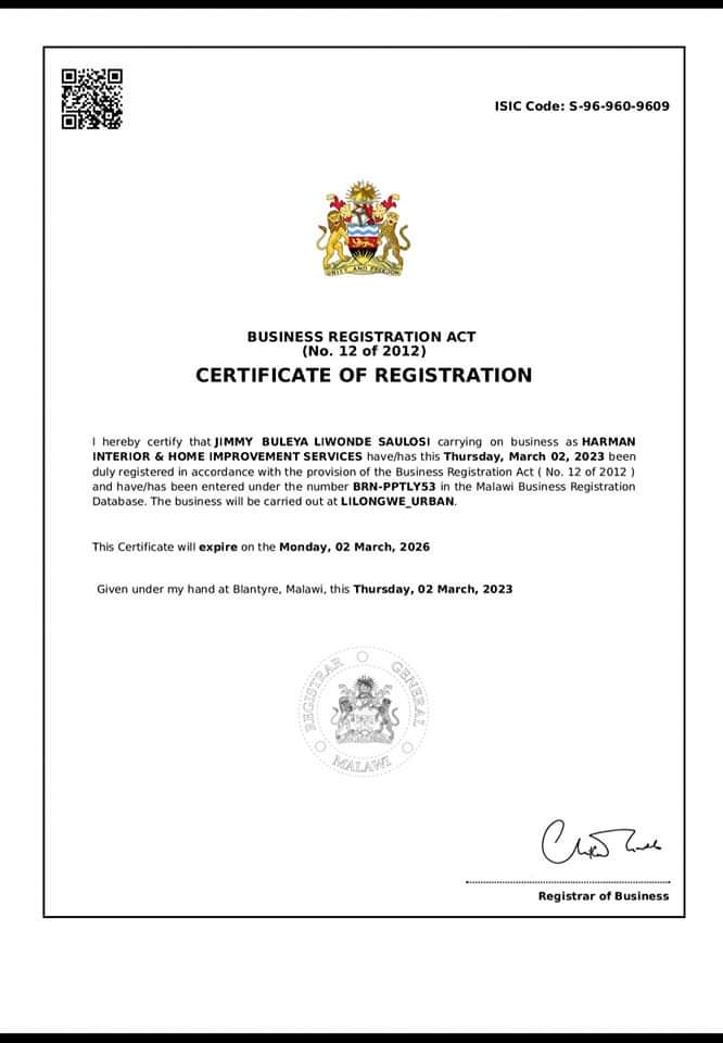 Certified Contractor
<a href="/HARMAN/">HARMAN</a> INTERIOR &amp; HOME IMPROVEMENT SERVICES 
MALAWI 🇲🇼 🇲🇼 🇲🇼 
interior Design Built in and Installation 
Kitchen unit Cabinets 
Wardrobes 
Bathroom Cabinets 
Laundry Room Cabinets 
Interior Painting And Renovation 
Composite Decking &amp; Renovation