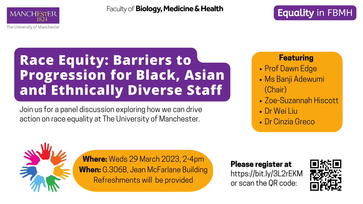 Join us on the 29 March to critically appraise the culture within FBMH, raise awareness of intersectionality and encourage colleague and student voice to inform meaningful change. Register eventbrite.co.uk/e/race-equity-… @UoMEandD @OyebanjiAdewumi @EdgeDawn @pemberton_neil @Cinzia_Greco_