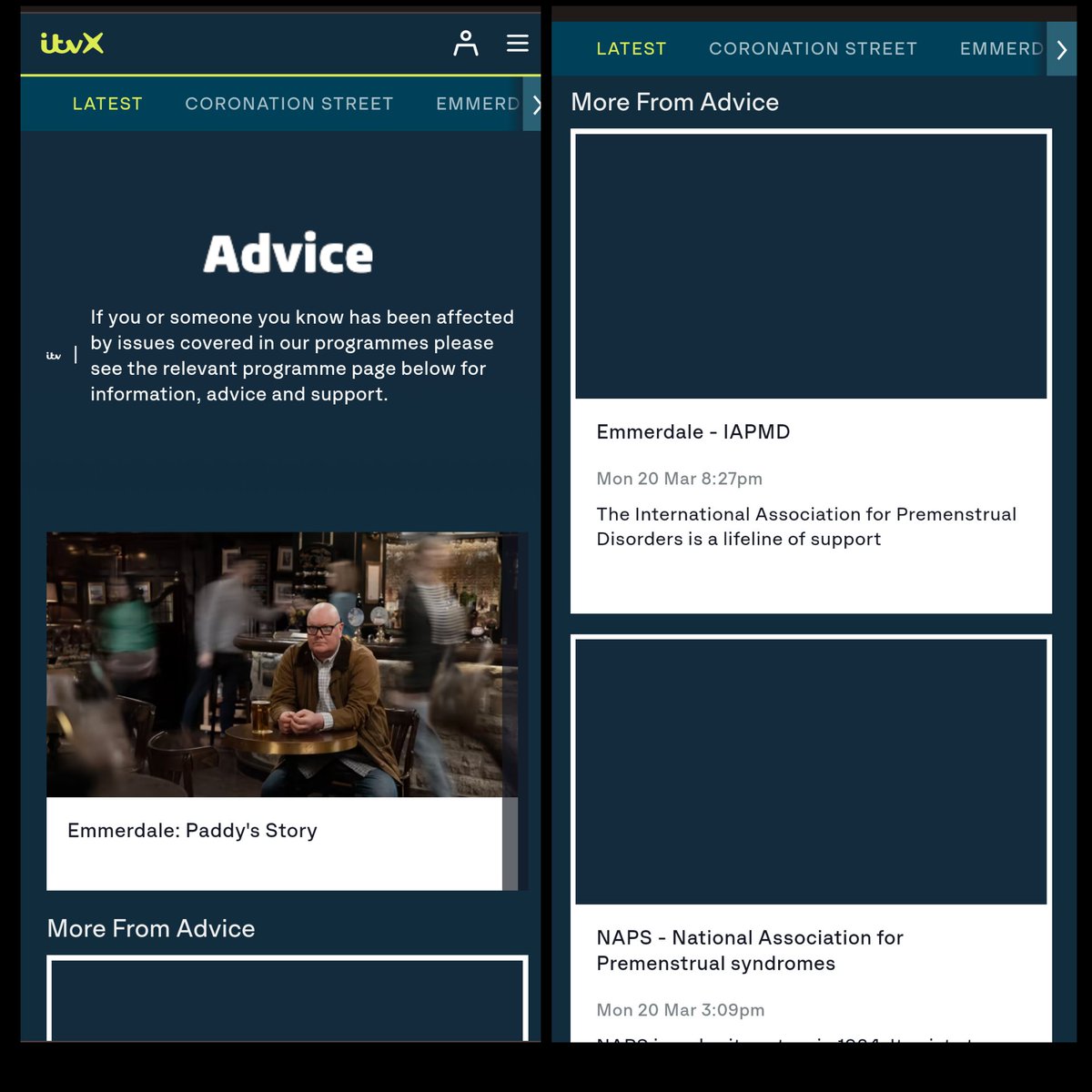 PeriodsPower's tweet photo. Oh my days, this is honestly so good to see @naps_pms and @IAPMDglobal listed as advice options as part of the #PMDD storyline with Cathy in @emmerdale on @ITVX .... When I got my diagnosis back in 2016 I could simply only ever dream of PMDD getting such a platform! #recovery https://t.co/ZVc1TzRV1W