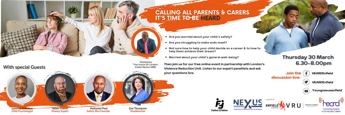 EnfieldCouncil's tweet photo. Calling all parents and carers to be HEARD  Thursday 30 March  6.30pm - 8.00pm  Free online event in partnership with London's Violence Reduction Unit.   FACEBOOK https://t.co/3WzlvaL6NI  TWITTER https://t.co/MIrvoQmYNE  YOU TUBE https://t.co/ZDmrfIPQEt  #supportingyoungenfield https://t.co/oDYio4ObNo