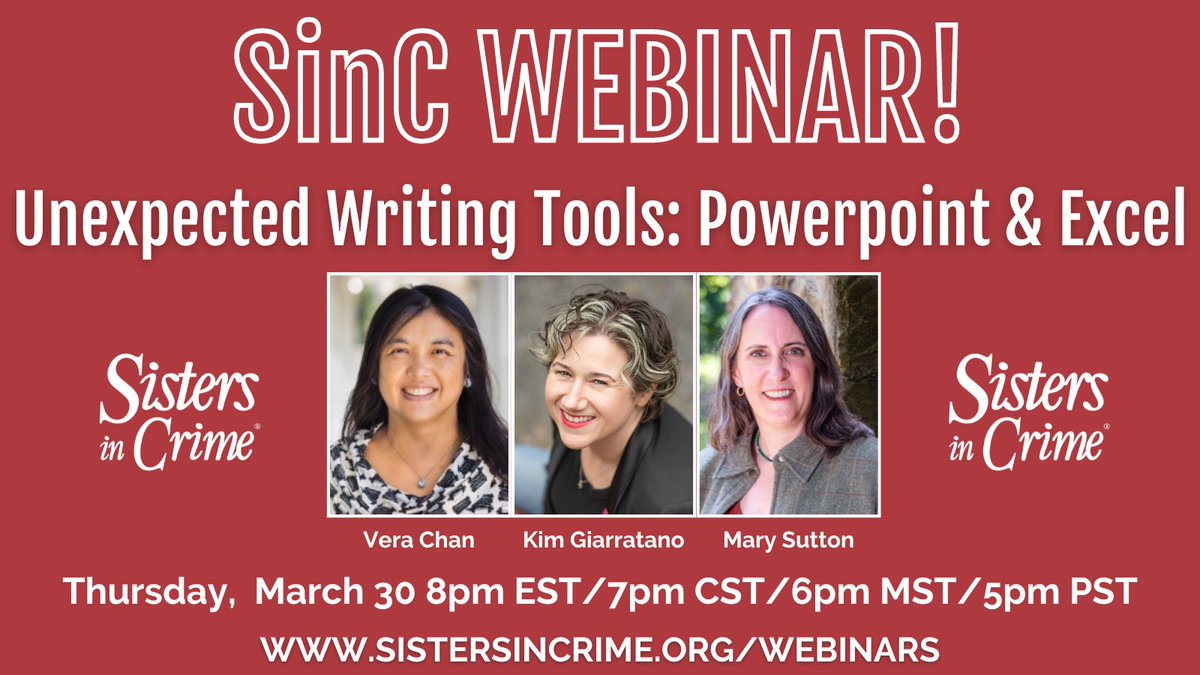 SINCnational's tweet photo. MARK YOUR CALENDAR!!!

Find out how to use some unexpected writing tools with @FastTalkingD, @KGGiarratano, and @LizMilliron!

Thursday, March 30, 8 PM ET
Info here:
https://t.co/a4rvBYaCtC

#WritingCommunity #mystery #thriller https://t.co/5d2hjziy3y