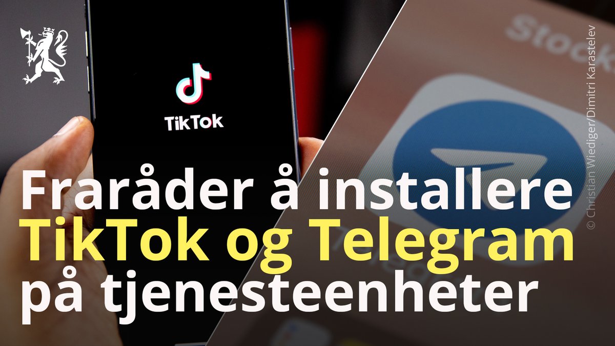Justisdepartementet (@justisdep) on Twitter photo På bakgrunn av vurdering av <a href="/NSM_no/">Nasjonal sikkerhetsmyndighet (NSM)</a> fraråder Justis- og beredskapsdepartementet å installere TikTok og Telegram på tjenesteenheter i departementene.
Les mer på regjeringen.no/id2967383/ På bakgrunn av vurdering av <a href="/NSM_no/">Nasjonal sikkerhetsmyndighet (NSM)</a> fraråder Justis- og beredskapsdepartementet å installere TikTok og Telegram på tjenesteenheter i departementene.
Les mer på regjeringen.no/id2967383/