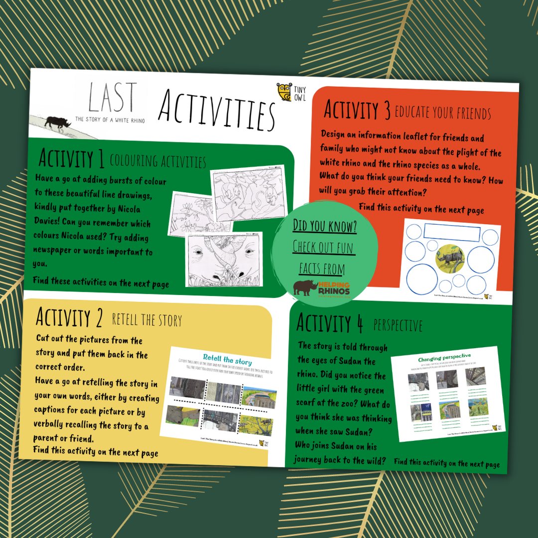 TinyOwl_Books's tweet image. Inspired by the last white rhino, check out our #TinyOwlLast activities!🦏

Including colouring, retelling the story, rhino facts, and lots more, this fun #ActivityPack will keep little animal lovers enthralled!✏

Download for FREE: bit.ly/3JUn3cF @nicolakidsbooks