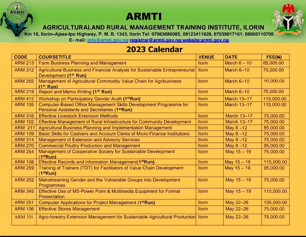 armti_ng's tweet photo. View our Training Calendar for 2023. Please avail yourself of any of our choice courses. #agriculture #training #management #Nigeria #foodsecurity  #RuralEmpowerment https://t.co/sSI33Nyi23