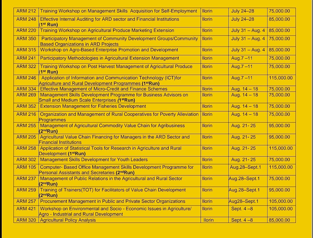 armti_ng's tweet photo. View our Training Calendar for 2023. Please avail yourself of any of our choice courses. #agriculture #training #management #Nigeria #foodsecurity  #RuralEmpowerment https://t.co/sSI33Nyi23