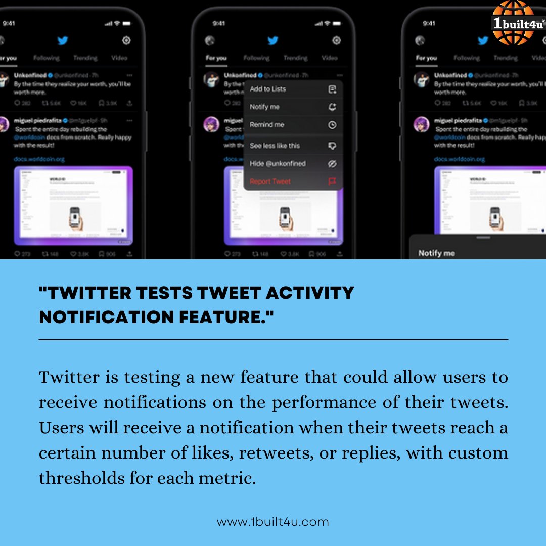 1built4udotcom's tweet photo. Twitter Experiments with New Option to Get Notifications on Tweet Activity
#1built4u
#TwitterNotifications
#TweetMetrics
#RealTimeEngagement
#SocialMediaAnalytics
#MarketingStrategy
#SocialMediaMetrics
#DataDrivenDecisions
#SocialMediaPerformance
#TweetPerformance https://t.co/NZb04UplQZ