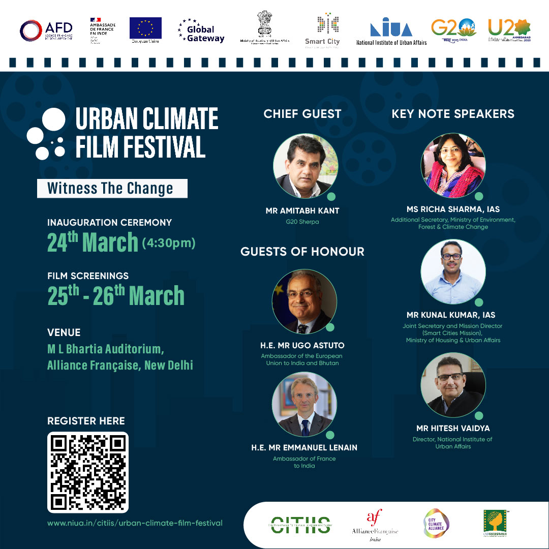 NIUA_India's tweet photo. 📣Mark your calendars for the #UrbanClimateFilmFestival!
🌎 Showcasing a curated selection of films on #climatechange &amp; life in cities
✨Launch: 24 Mar
🎥Screenings: 25-26 Mar
📍Alliance Française, New Delhi

➡️Registration &amp; schedule https://t.co/U97i71JklA
@g20org @hiteshvaidya https://t.co/OTbEtuEkCj