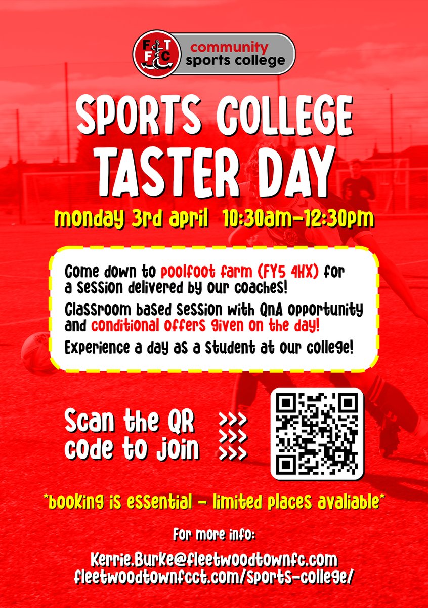 𝗦𝗽𝗼𝗿𝘁𝘀 𝗖𝗼𝗹𝗹𝗲𝗴𝗲 𝗧𝗮𝘀𝘁𝗲𝗿 𝗗𝗮𝘆 ✨

Are you interested in experiencing a day as a student at our college? 

Get yourself down to our taster day on the 3rd of April at <a href="/PoolfootFarm/">Poolfoot Farm</a>! 🙌

#OnwardTogether │ <a href="/FTFCCS_College/">Fleetwood Town Community Sports College</a>