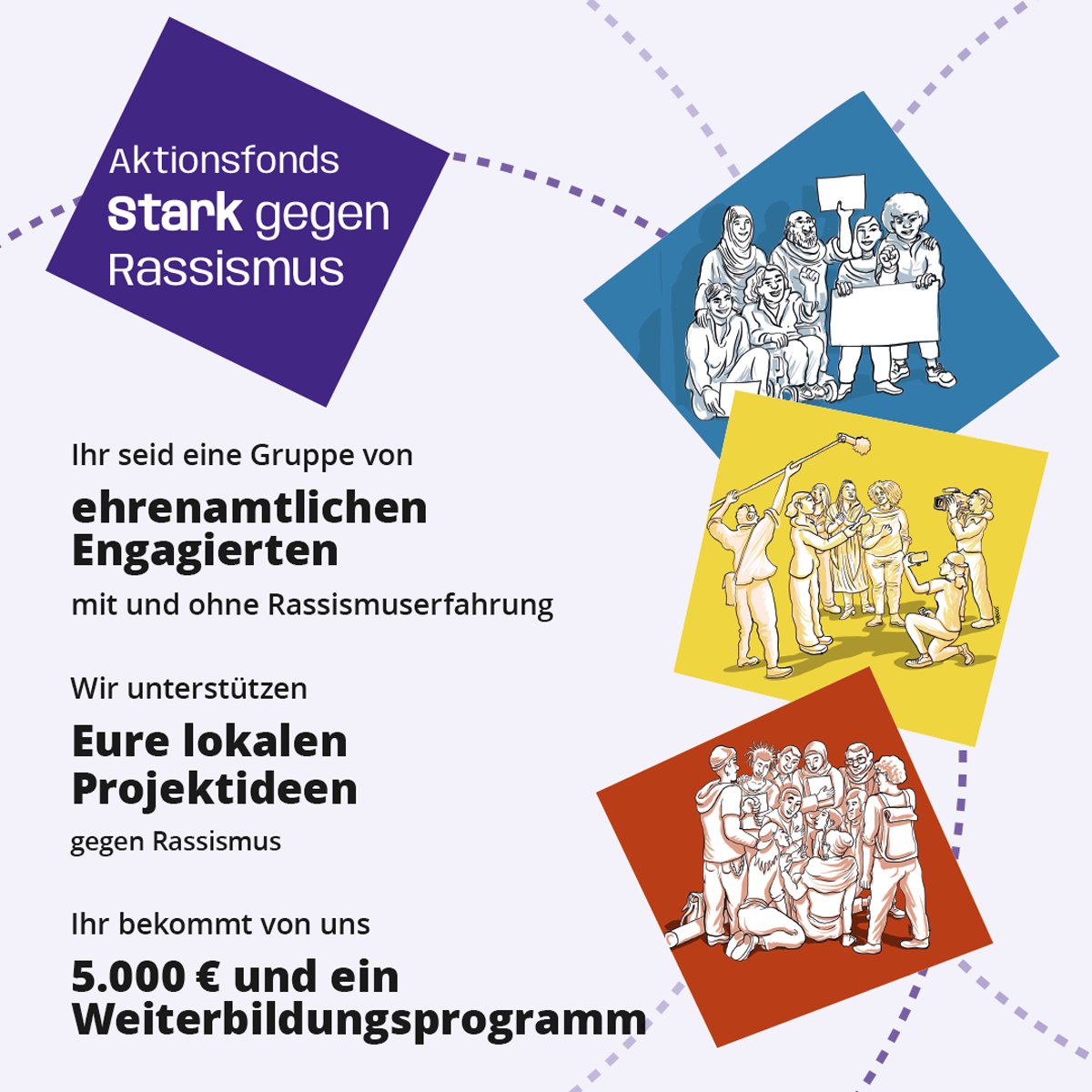 opencitizenship's tweet image. 📢 Ihr seid eine Gruppe von Ehrenamtlichen und wollt Euch gegen Rassismus engagieren? Der Aktionsfond #starkgegenrassismus fördert Projektideen mit 5.000 € und einem Weiterbildungsprogramm. Bewerbt Euch bis 11.06.! bit.ly/3Jxjjh4 Gefördert durch @IntegrationBund