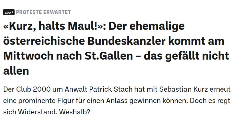 RaimondLueppken's tweet photo. 1/
Der gescheiterte österreichische (Ex)-Bundeskanzler, Sebastian Kurz, tritt am 22.03.2023 beim St. Galler Lobbyverein #Club2000 auf. Dagegen regt sich Widerstand. #SG2203 #Lobbyismus

https://t.co/H542mqjJjK https://t.co/yrlMwRa2NF