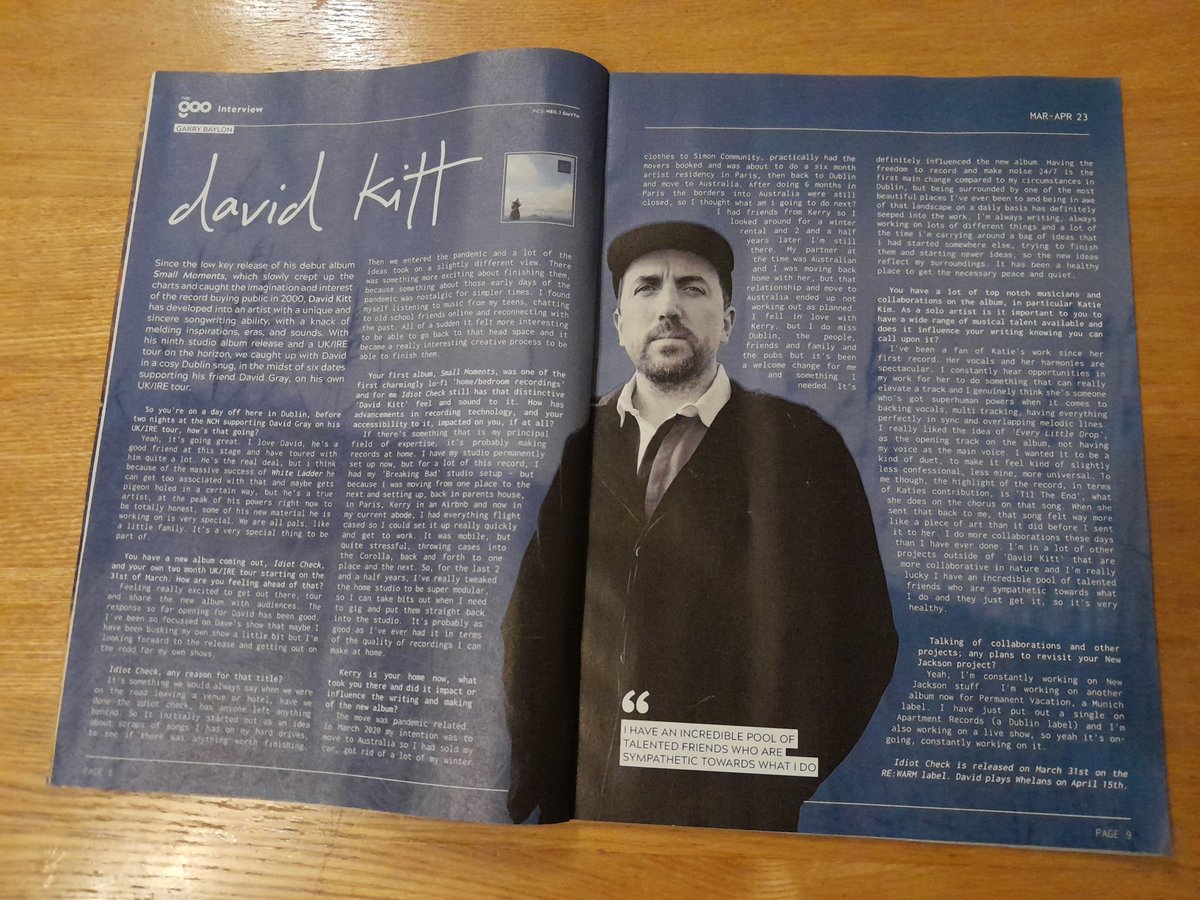 chunky66's tweet photo. My interview with David Kitt is in the latest issue of The Goo.
David starts his IRE/UK tour on March 31st, the same day he releases his new album, 'Idiot Check'.
So check out the mag, the interview, the tour and the new album, all well worth it! ๐
#DavidKitt #IdiotCheck #TheGoo https://t.co/1papBhAi8J
