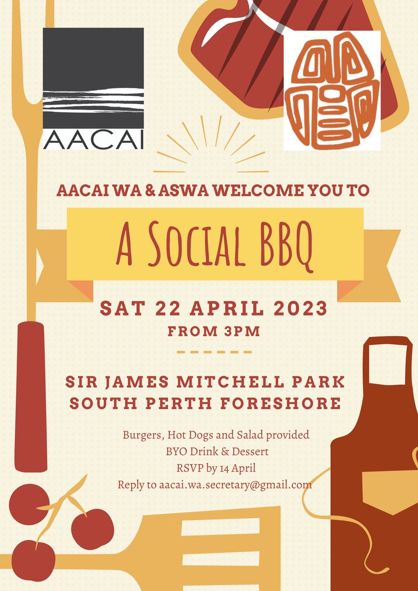 AACAI_WA's tweet photo. For AACAI WA &amp; ASWA Members and Friends - join us for a BBQ on Saturday afternoon, 22 April from 3pm. Don’t forget to RSVP aacai.wa.secretary@gmail.com by the 14th of April if you want some food! https://t.co/BY8tOHESQE