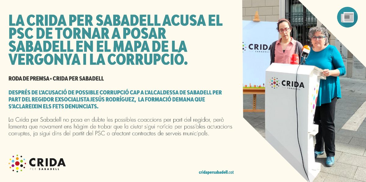📰 RODA DE PREMSA

La Crida acusa el PSC de tornar a posar Sabadell en el mapa de la vergonya i la corrupció.

🗣️ Demanem que s'aclareixin els fets denunciats i que se'ns faciliti tota la informació al respecte.

⚠️ Aquí trobareu el nostre comunicat ⤵️

cridapersabadell.cat/expulsio-jesus…