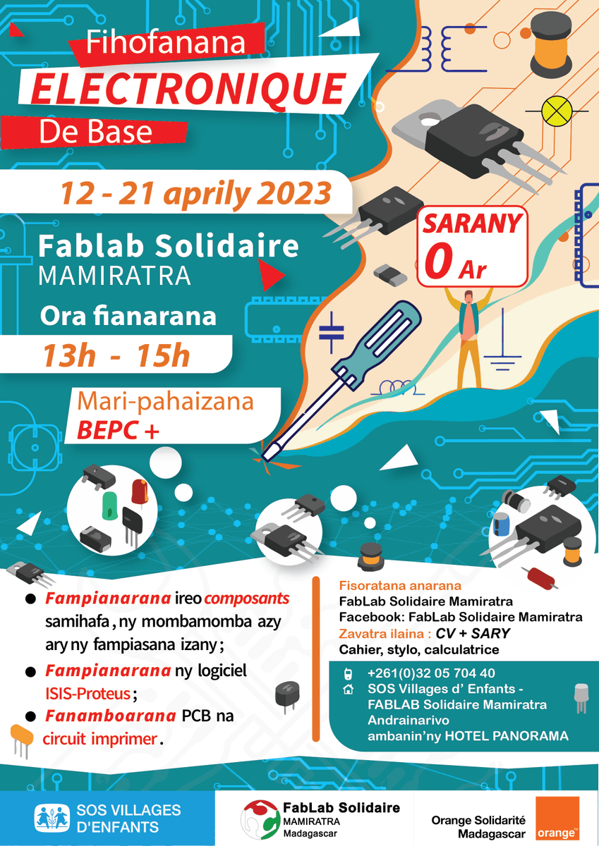 FabLabMamiratra's tweet photo. Maro isika no tia hanomboka hianatra ny "Electronique". Aza misalasala intsony fa misorata anarana (MP: anarana + laharana hifandraisana) amin'ity fihofanana ity fa mahasoa anao. Vonjivonjeo ary fa vohafetra ny toerana  #FabLabSolidairemamiratra #SOSVE #electronique https://t.co/CKbOPo5YIv