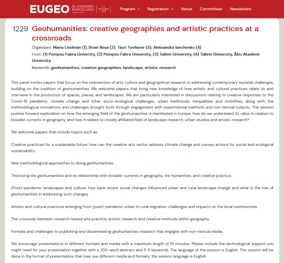 📢 Call for abstracts for EUGEO Congress in Barcelona
🗓️ 4-7.9.2023
⏰ Abstract (max 300w) by 31.3.23: eugeobcn23.eu/sessions/?id=1…
🔎 Topic: Geohumanities: creative geographies and artistic practices at a crossroads
👩🏻‍💻👨🏻‍💻Chairs: Maria Lindmäe; Brian Rosa; Tauri Tuvikene; <a href="/AnisaKunst/">Aleksandra Ianchenko</a>