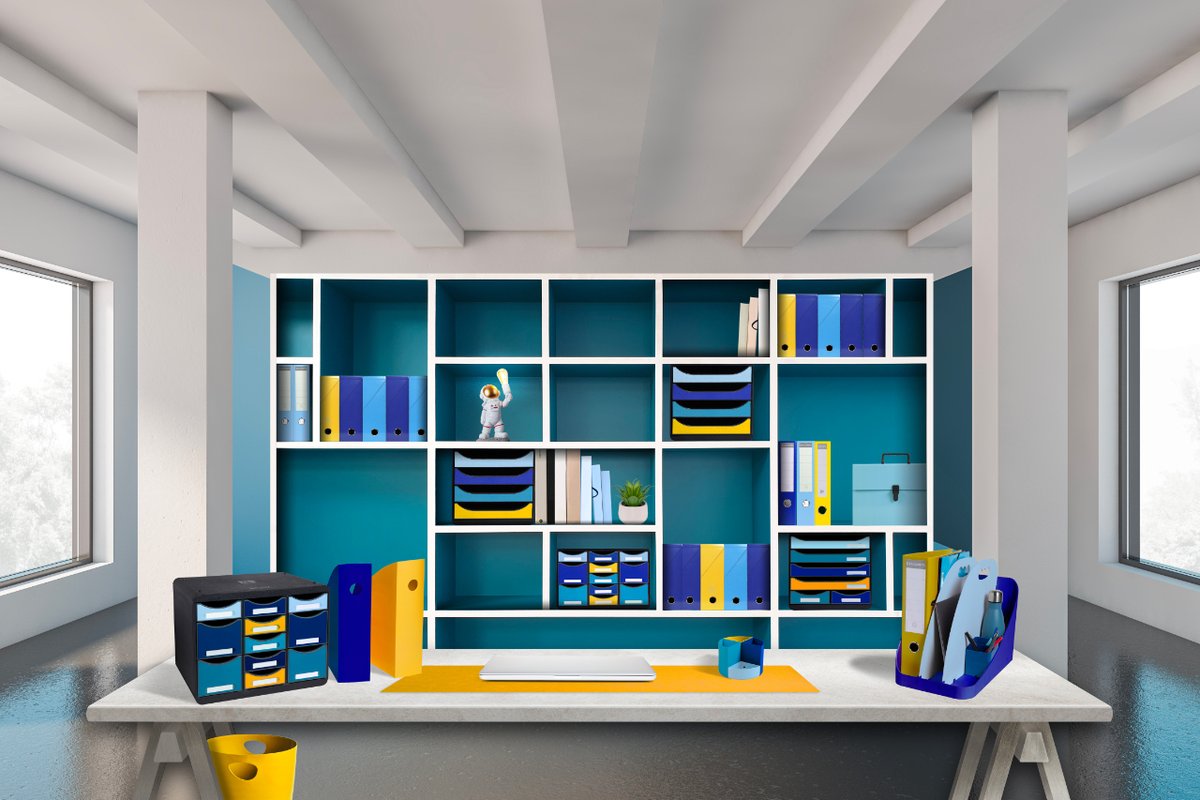 Our Bee Blue range of desktop accessories and filing products, features a number of Blue Angel certified items which are made using recycled plastic waste.

The latest trends in office colour design heavily feature a mix of blues and yellows to boost performance and enthusiasm.