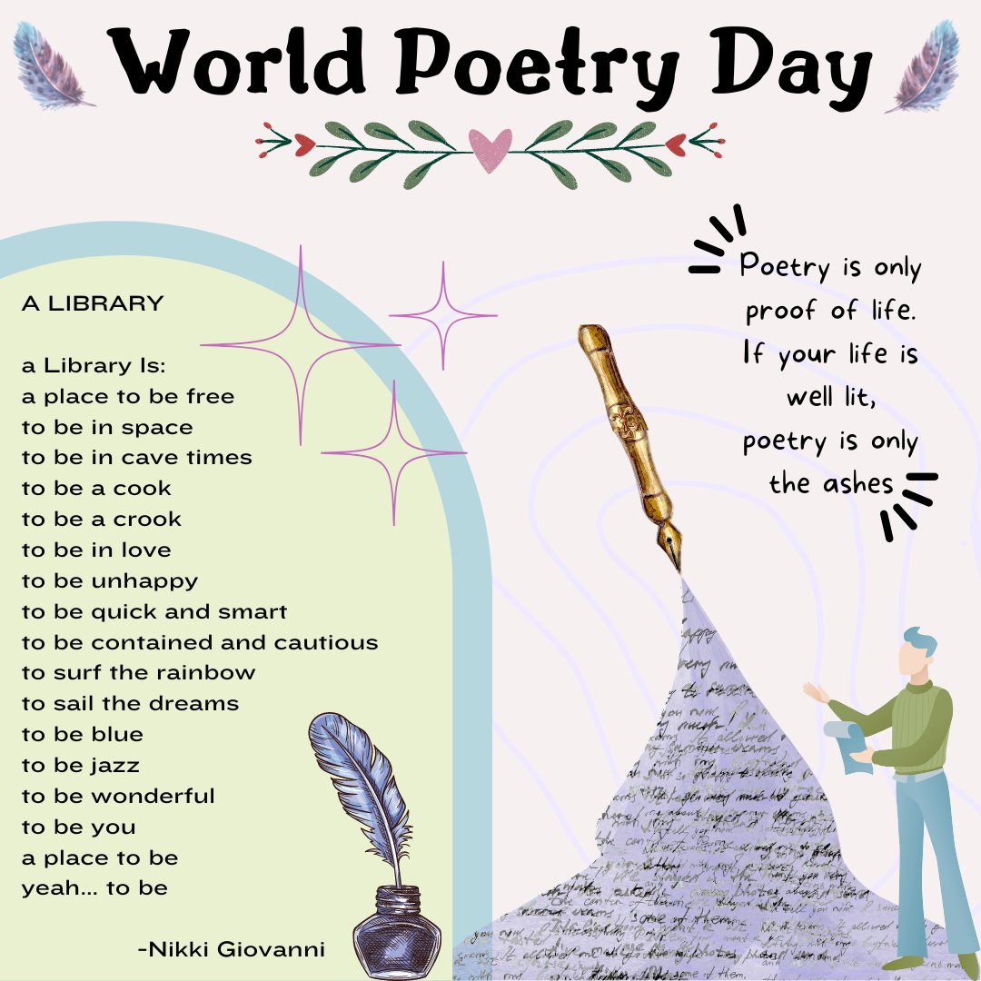 SGSLibraryPlus's tweet photo. In celebration of it being #WorldPoetryDay here is a poem about libraries by Nikki Giovanni!

Do you have a poem about a place you love to go?

Let us know! ✍️📚

#poems #poetry #libraries #library #sgscollege #libraryplus https://t.co/5L1en1r0mF