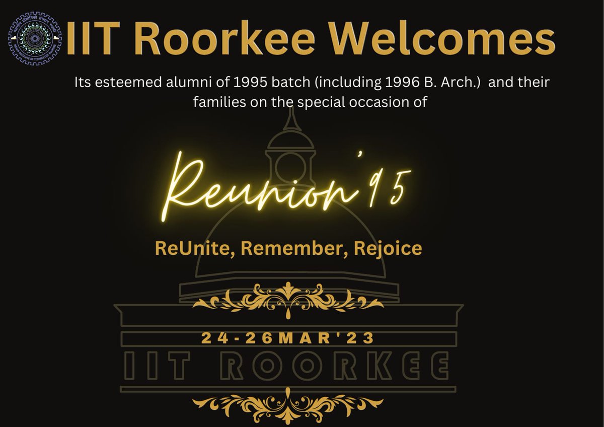 doraiitr's tweet photo. IIT Roorkee takes immense pleasure to invite 1995 Batch (including 1996 B.Arch.) and their families to the Silver Jubilee Reunion.

The Reunion will take place between 24-26 March 2023. 

Mark your calendar! https://t.co/QY0ETsdm7T