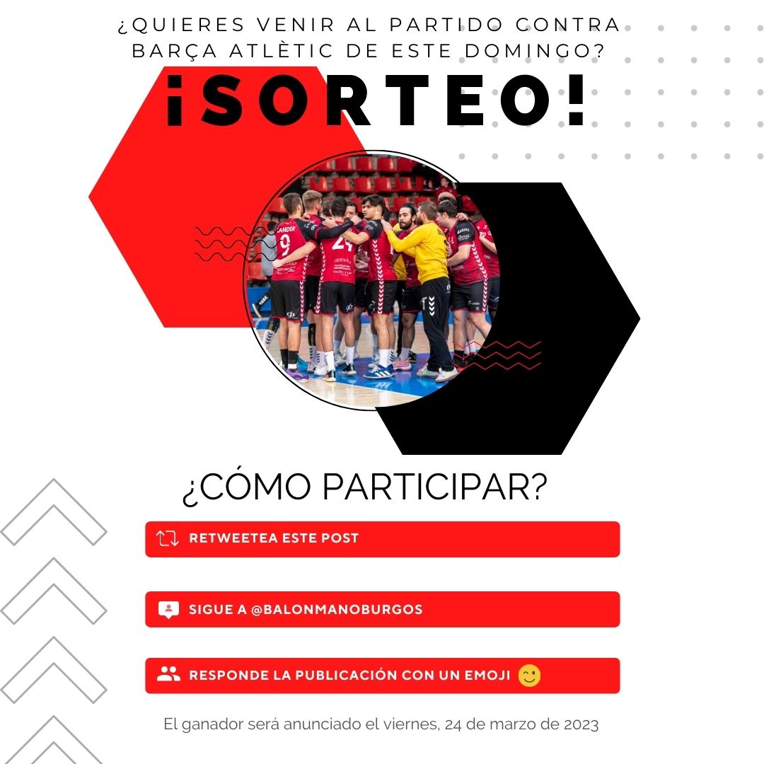 BalonmanoBurgos's tweet photo. 🚨SORTEO🚨
Para celebrar nuestra vuelta a la pista, sorteamos una entrada doble para el partido de este domingo contra Barça Atlètic.
¿Cómo puedes participar?
1⃣ RT este post
2⃣ Sigue nuestro perfil
3⃣ Responde esta publicación con un emoji 🤾
El ganador se anunciará este viernes https://t.co/4bq0GhrNoN
