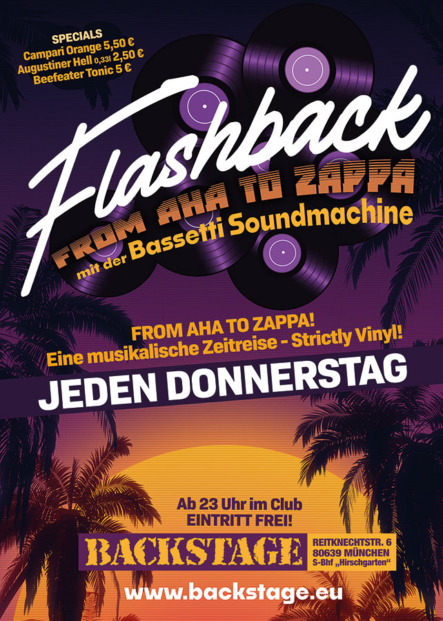 Kennt ihr schon unsere Flashback - strictly Vinyl- Party? Bassetti Soundmachine nehmen Euch jeden Donnerstag bei uns im Club mit auf eine musikalische Zeitreise auf dem Plattenteller. 
Der Eintritt ist frei - also schaut doch einfach mal auf einen Drink vorbei!