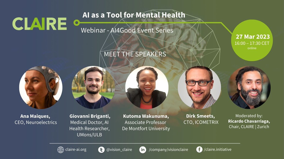 cairne_eu's tweet image. 📢#Webinar: AI as a Tool in Mental Health👉𝗠𝗲𝗲𝘁 𝘁𝗵𝗲 𝘀𝗽𝗲𝗮𝗸𝗲𝗿𝘀!
ℹ️The #AI4Good event series is part of the #EuropeanAIWeek &amp;amp; organised by CLAIRE|Brussels &amp;amp; CLAIRE|Zurich➡️bit.ly/AI4GOOD2
@BrusselsFari @ZHAW @ai4_belgium @giovbriganti @N_ACKERMAN 
#onlineevent