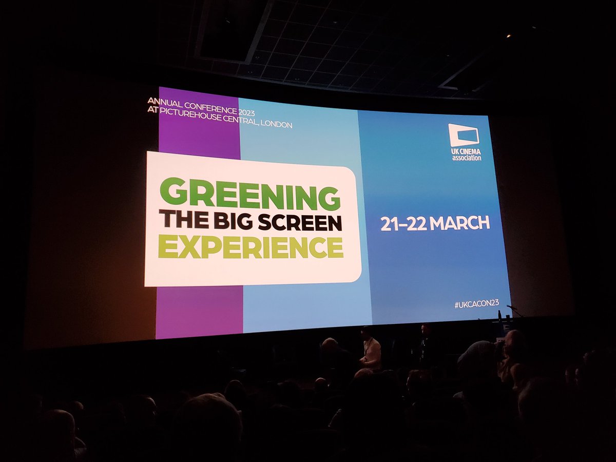 The <a href="/Cinema_UK/">Cinema UK</a> conference Greening the Big Screen Experience kicks off at <a href="/CentralPictureH/">Picturehouse Central</a> with <a href="/ClappPhil/">Phil Clapp</a> welcoming the sold out house and listing the measured the event itself is doing to be sustainable (reusable everything), before the impressive lineup of speakers. #ukcacon23