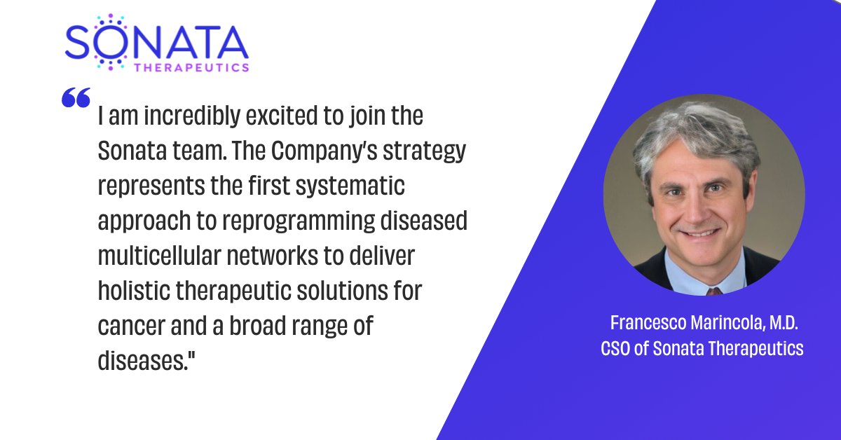 Today, we welcomed Francesco Marincola, M.D., as our new Chief Scientific Officer! Dr. Marincola’s 30+ years of research and development experience will help guide Sonata in the next phase of our journey. Learn more about Dr. Marincola’s appointment here: bit.ly/3TvPWiA