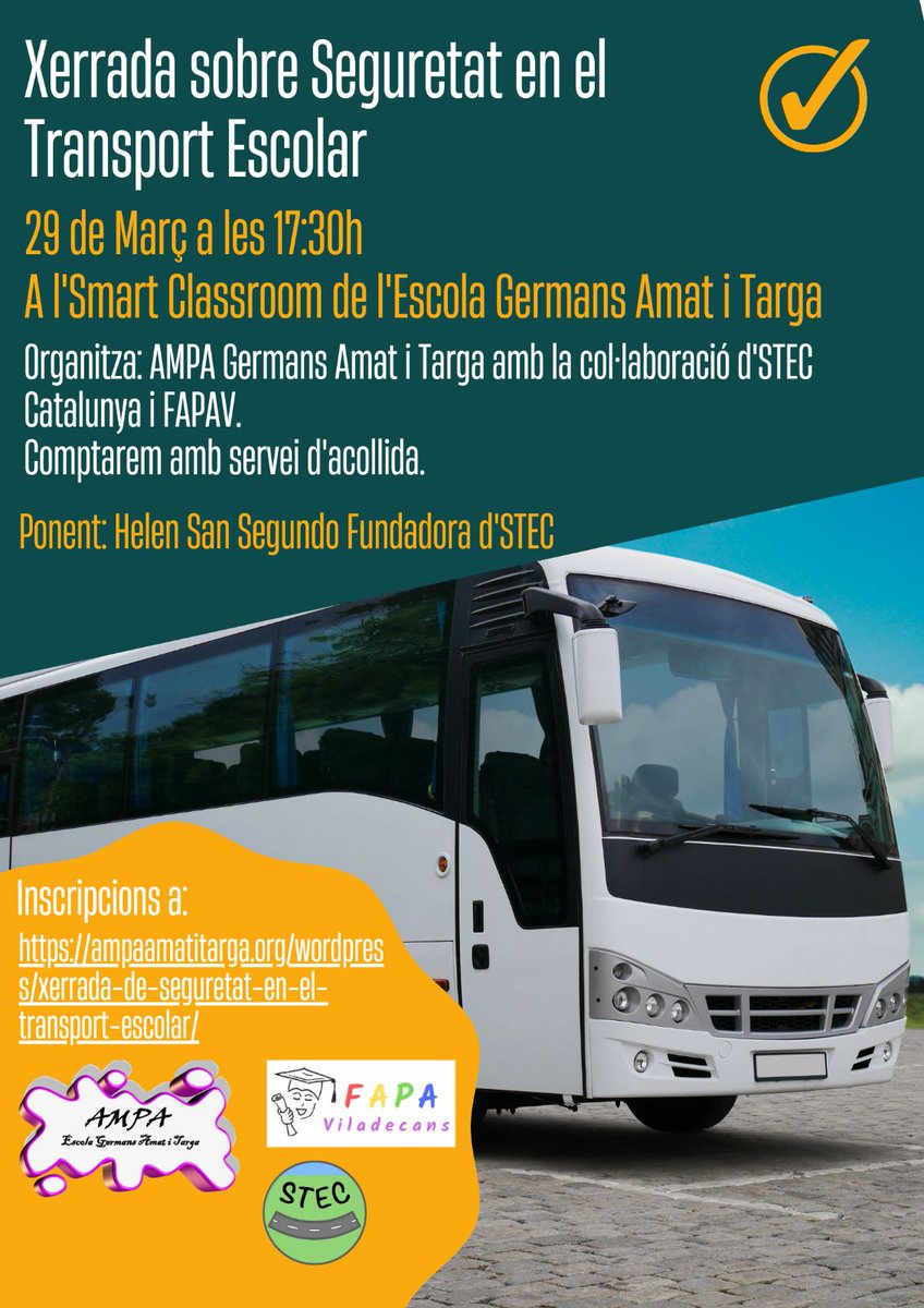 🚍 L'AFA de l'Escola Germans Amat i Targa de Viladecans, us convida a participar a la xerrada sobre "Seguretat en el Transport Escolar".

APUNTEU:
📆 Dimecres, 29 de març a les 17:30h
📍 Smart Classroom de l'Escola Germans Amat i Targa
✍️ Inscripcions: ampaamatitarga.org/wordpress/xerr…