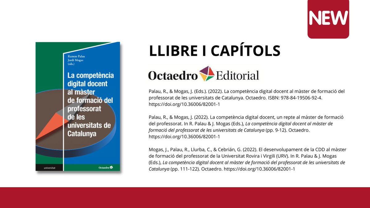 📢 Nou llibre editat amb coautoria a dos capítols a <a href="/Ed_Octaedro/">Editorial Octaedro</a> de Ramon Palau i Jordi Mogas

La competència digital docent al màster de formació del professorat de les universitats de Catalunya
🔗doi.org/10.36006/82001…