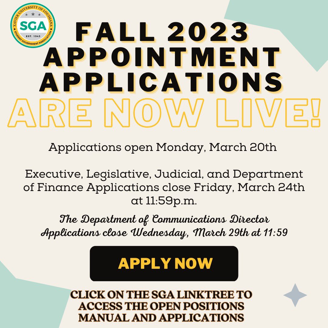 XULASGA's tweet photo. If you are looking to get involved in SGA next semester, here is an opportunity to do so! 🙌🏾 Fall 2023 Appointment Applications are now live! Please read the flyer for all application deadlines! #XULA #ForwardAdmin https://t.co/yFZIYPS82C