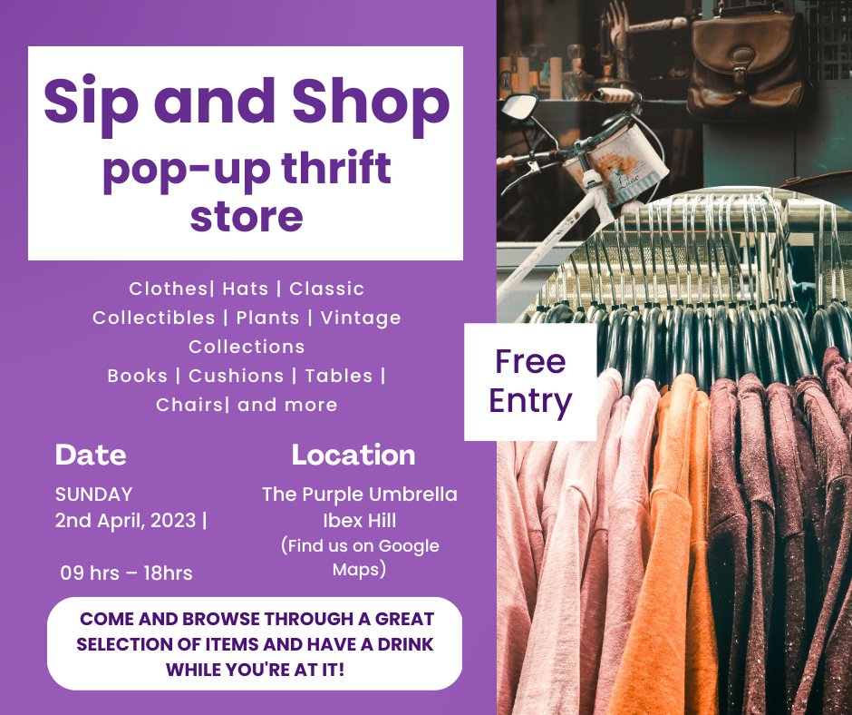 prpl_umbrella's tweet photo. Looking for a unique shopping experience that won't break the bank? Join us on the 2nd of April at our Pop-up Thrift store! 

You can peruse a wide selection of gently-used items and uncover hidden gems, all while sipping on a refreshing beverage &amp; enjoying the lively atmosphere! https://t.co/9Jd12LQCEk