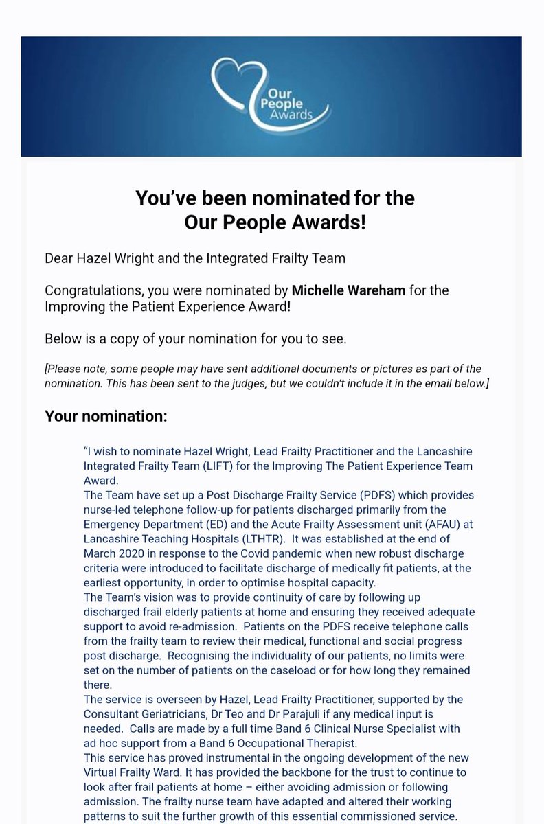 Massive congratulations to @Hazelwr08997459 and @LiftRph team for being nominated for the Our People Awards-[Patient Experience Award] this year! So proud of all your dedicated work in providing excellent service to our elderly patients in this Lancashire area🩷🩵❤️ TQ #teamAFU .