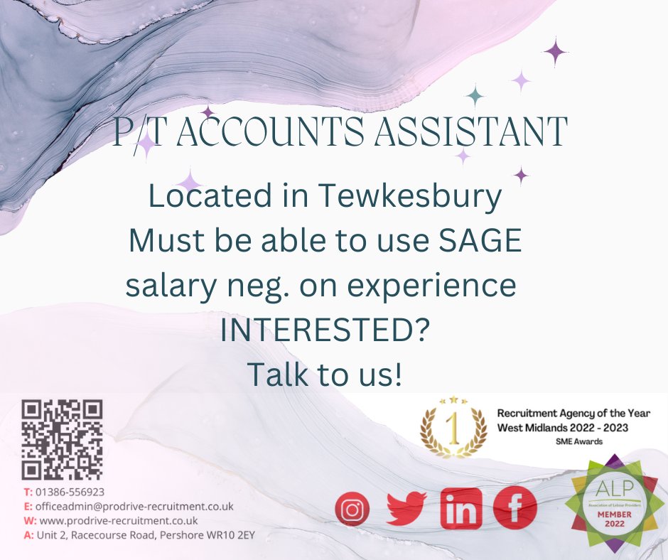 TraceyProDrive's tweet photo. PART TIME ACCOUNTS ASSISTANT!
TEWKESBURY BASED
Call ProDrive Recruitment LLP on 01386-556923 or register online for work using the address below: https://t.co/v40vJoHAec 
#werehiring #worcestershirejobs #lookingforwork #newjob2023 #jobsearch #jobs #ACCOUNTS #Parttime #work https://t.co/8sVRcNEaFm