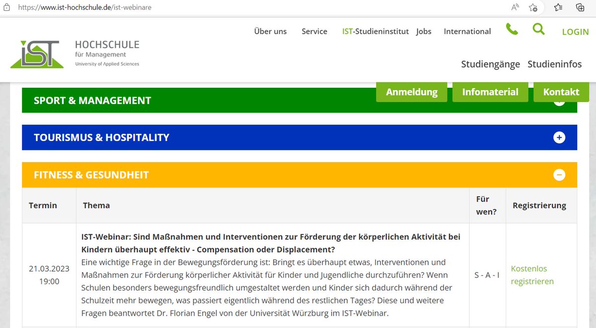 Freu mich auf das Webinar heute Abend um 19 Uhr an der <a href="/IST/">FAYEZ</a>-Hochschule! Thema: Kompensation von #körperlicherAktivität bei Kindern &amp; Jugendlichen. Anmeldung unter: ist-hochschule.de/aktion/1680
#Kinder #körperlicheAktivität