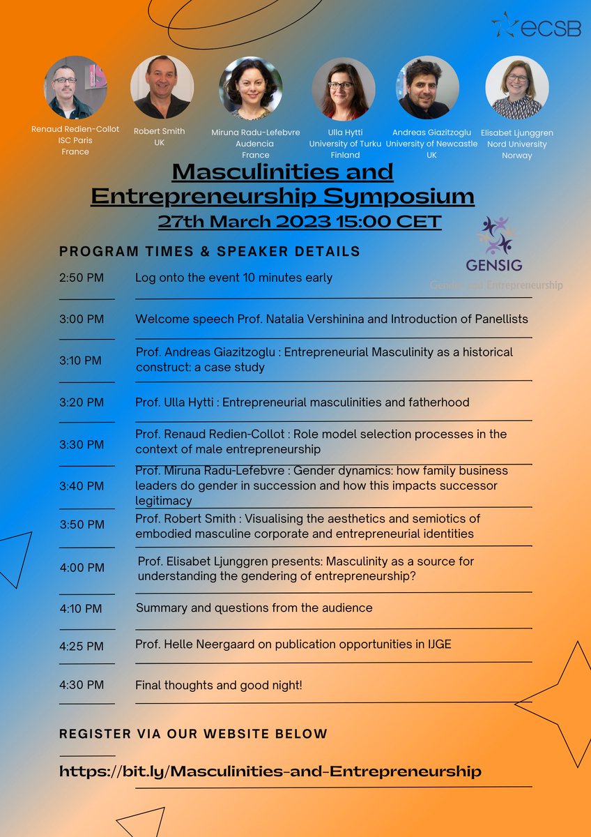 One week to go until the ECSB Online Symposium on Masculinities and Entrepreneurship! <a href="/ECSB1/">ECSB</a> <a href="/_ISBE/">ISBE</a>  <a href="/ISBEGEN/">Gender & Enterprise</a> <a href="/isbefambiz/">@ISBEFamBiz</a> <a href="/cms_aom/">AOM CMS Division</a> <a href="/ENT_Div_AoM/">ENTDivision_AoM</a> <a href="/bam_ac_uk/">British Academy of Management</a>  bit.ly/Masculinities-…