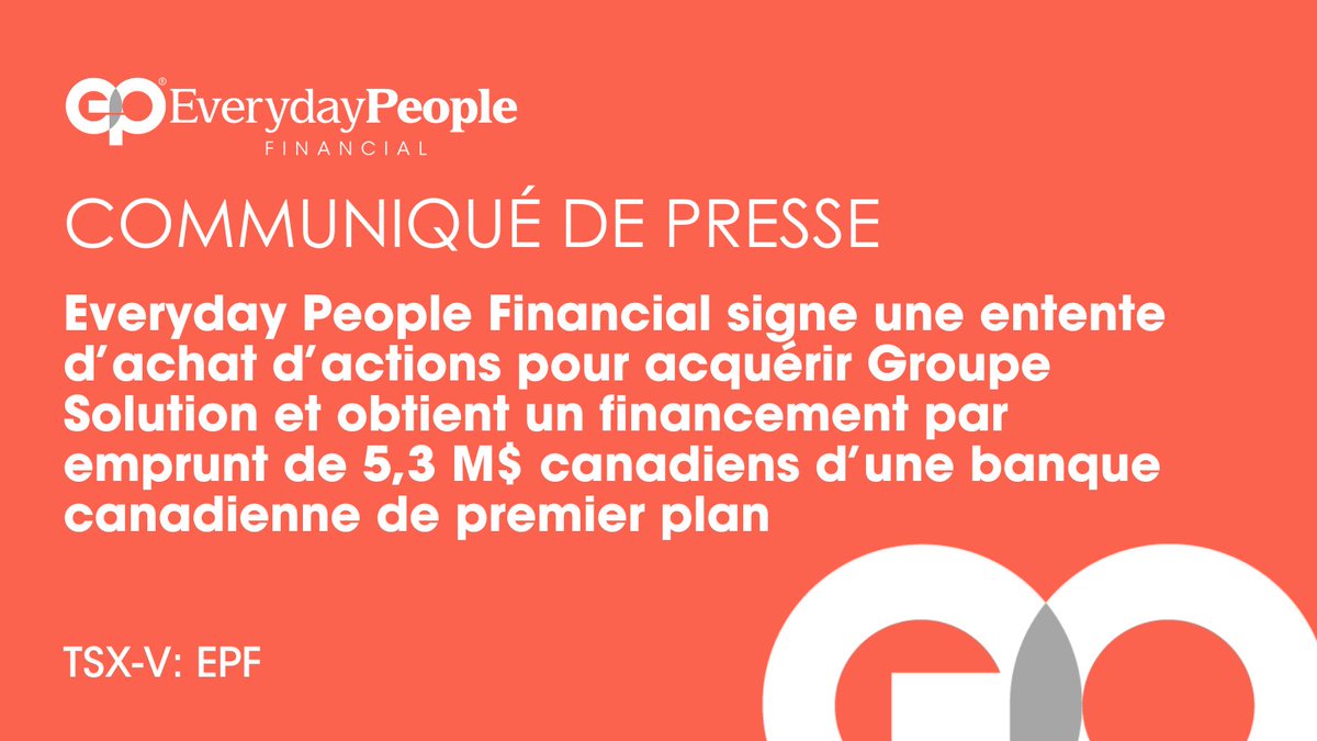 EP_Financial's tweet photo. Everyday People Financial a le plaisir d’annoncer que sa filiale en propriété exclusive, General Credit Services Inc., une convention d’achat d’actions avec les actionnaires de Groupe Solution Collect Solu Inc.
 
Communiqué de presse: https://t.co/pMfxyqzaSk

$EPF https://t.co/qL8RQinE7F