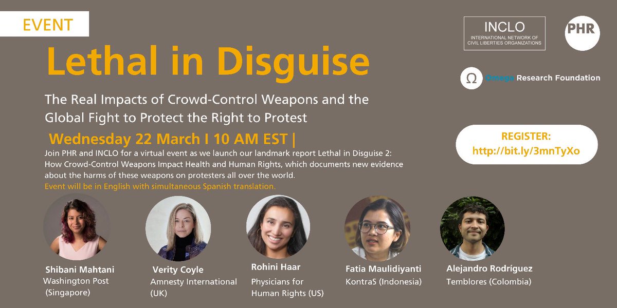 INCLO (@INCLOnet) on Twitter photo 2023-03-21 11:37:17 🚨What are the real impacts of crowd-control weapons on health & on the right to protest? 🗣️Join us tomorrow for the launch of #LethalInDisguise 2, the latest report from INCLO and @P4HR, with an exceptional panel of experts! 🗓️March 22, 10 AM EST 📍bit.ly/3mnTyXo 🚨What are the real impacts of crowd-control weapons on health & on the right to protest? 🗣️Join us tomorrow for the launch of #LethalInDisguise 2, the latest report from INCLO and @P4HR, with an exceptional panel of experts! 🗓️March 22, 10 AM EST 📍bit.ly/3mnTyXo