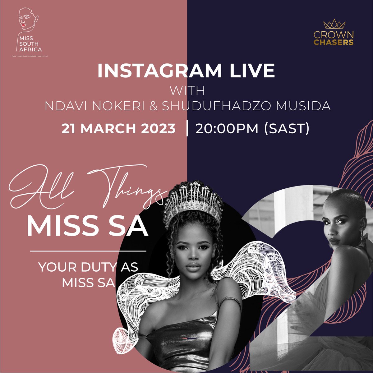 Official_MissSA's tweet photo. IG LIVE ALERT‼️

On Tonight’s IG Live session we have our reigning Miss SA @Ndavi_Nokeri as well as Miss SA 2020 @abigailmusida , they will be unpacking the role of a Miss SA and how to use the platform to serve others. 

Don’t miss out 😉

#MissSA2023 https://t.co/M9nh2njmGo