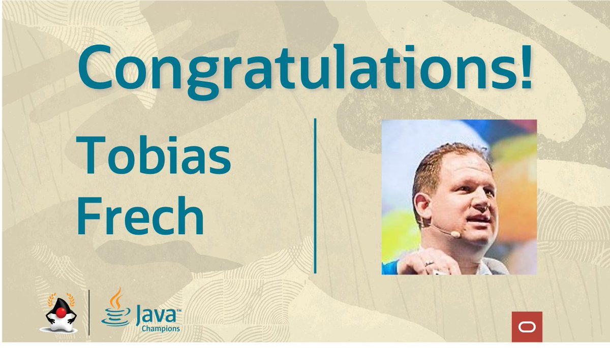 Congratulations to new #Java Champion <a href="/TobiasFrech/">Tobias Frech @TobiasFrech@ijug.social</a>