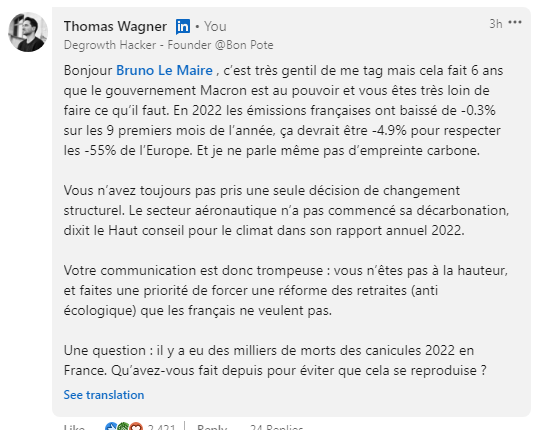 Le gouvernement essaye de récupérer le rapport du GIEC en faisant croire qu'ils sont à la hauteur de l'urgence climatique.
C'est évidemment faux. Et Bruno le Maire fait son greenwashing sur Linkedin en me nommant. ma réponse : linkedin.com/feed/update/ur…