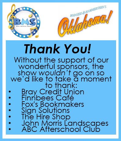 BrayMusical's tweet photo. A quick shout out to our amazing sponsors who have helped make this show possible! We are so very grateful 🧡
Tickets for Oklahoma! are selling fast, with Friday already SOLD OUT! Tickets for the other nights are available here: https://t.co/xVcyTRz7FF https://t.co/OXAXXnxD4S
